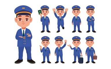 Airline pilot with different poses. vector
