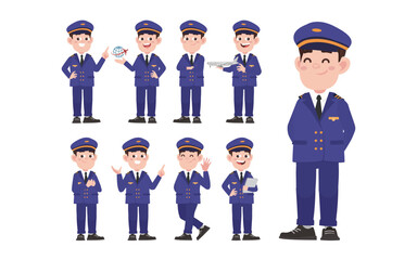 Airline pilot with different poses. vector