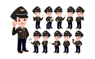 Airline pilot with different poses. vector
