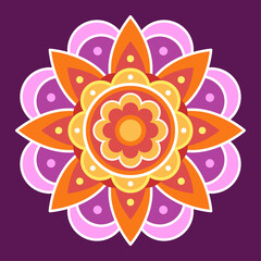 Purple, pink and orange symmetrical mandala on a dark purple background. Ethnic mandala. Oriental pattern, vector illustration. Relaxation, meditation. Indian or Arabic mandala. Diwali festival.