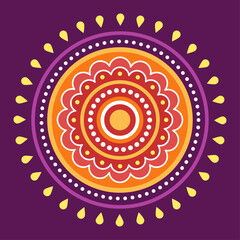 Purple, pink, orange and yellow symmetrical mandala on a dark background. Ethnic mandala. Oriental pattern, vector illustration. Relaxation, meditation. Indian or Arabic mandala. Diwali festival.