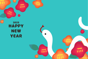 Obraz premium Simple illustration of a camellia and a snake, beside a New Year's card, 2025. 