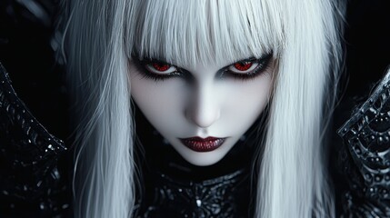 Closeup Portrait of a Woman with White Hair and Red Eyes