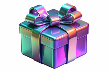 Obraz premium Holographic Holiday Gift Box with Shiny Ribbon - Capturing the Joy of Giving for New Year 2025 in Vibrant Colors Against a White Background