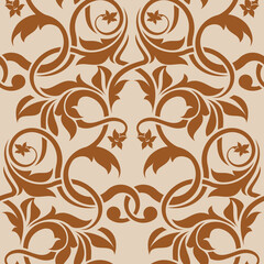 A decorative floral pattern featuring intertwining vines and leaves in a warm brown tone against a light background.