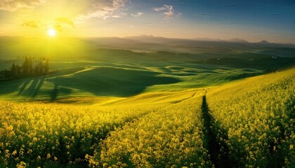 Mustard flowers, Golden Sunrise Over a Vast Field of Blooming Yellow Flowers
