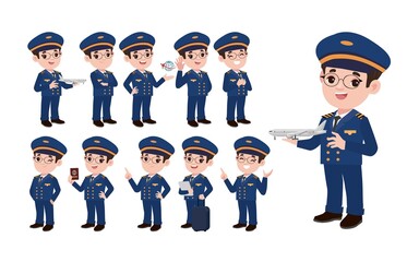 Airline pilot with different poses. vector