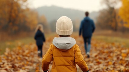 Fototapeta premium A child in a yellow jacket walks through fallen leaves, accompanied by two adults, enjoying a serene autumn day.