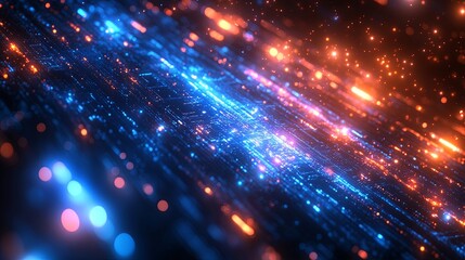 Fototapeta premium Abstract Digital Landscape of Glittering Lines and Particles with Blue and Orange Lights