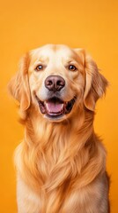 Golden Retriever Dog Portrait on Yellow Background.