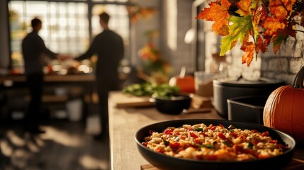 Obraz premium A cozy kitchen scene featuring a vibrant dish and autumn decor, with two figures engaged in conversation.