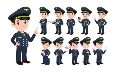 Airline pilot with different poses. vector