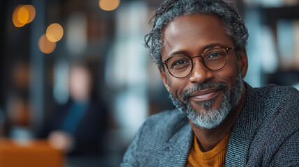 Fototapeta premium Smiling man wearing glasses in a cafe.