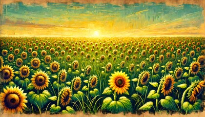 Obraz premium Sunflower field at sunset with vibrant colors and a golden sky, showcasing rows of blooming sunflowers