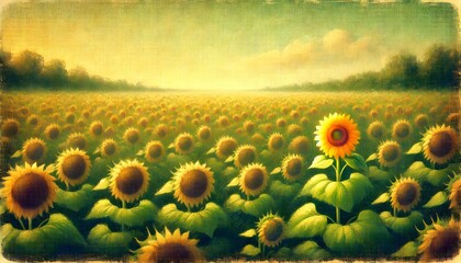 Fototapeta premium Sunflower field at dawn with soft golden light and a single tall sunflower standing prominently