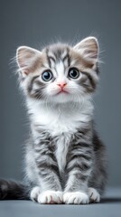 Adorable Kitten's Portrait: A charming portrait of a fluffy kitten with captivating eyes, displaying a serene expression in a well-lit studio setting. 