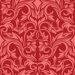 A decorative floral pattern in shades of red, featuring intricate swirls and leaves, suitable for textiles or wallpaper design.