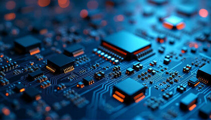 Close-up of an electronic circuit board or scheme. The printed circuit board of today includes electronic components. background of abstract technologies. artwork for a presentation, brochure, cover, 