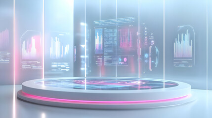 3D Podium with Augmented Reality Policy Explorer: Wide Shot of an Interactive Voting Interface with Floating Info Panels on Isolated White Background for Promoting Informed Voting Technology