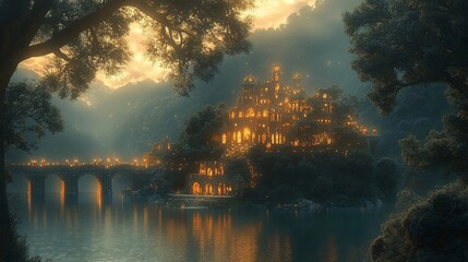 Naklejka premium An Enchanting Castle Nestled Among Lush Foliage, Illuminated by Golden Lights, Reflecting in the Still Waters of a Lake, Bathed in the Soft Glow of a Misty Sunset