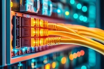 Close-up of glowing yellow network cables connected to server rack.