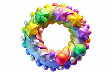 Obraz premium 3D Holographic Christmas Wreath Icon with Colorful Decorations for Holiday Joy - Isolated on White Background, Perfect for Happy New Year 2025 Celebrations
