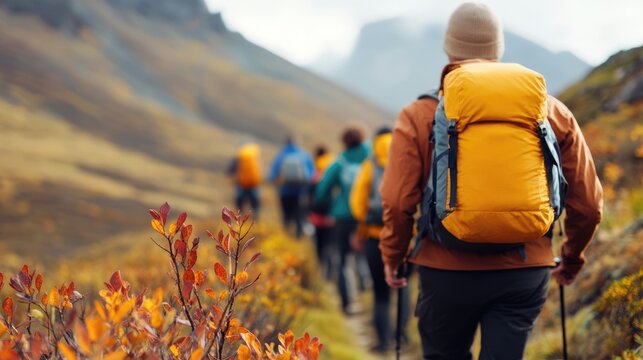 A group of hikers trails down a scenic mountain pathway, adorned with vibrant autumn foliage and equipped with colorful backpacks.