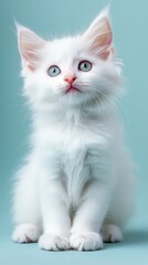 Fototapeta premium Purebred Kitten: A close-up shot of an adorable purebred kitten, with captivating blue eyes and a fluffy white coat, against a serene light-blue backdrop.