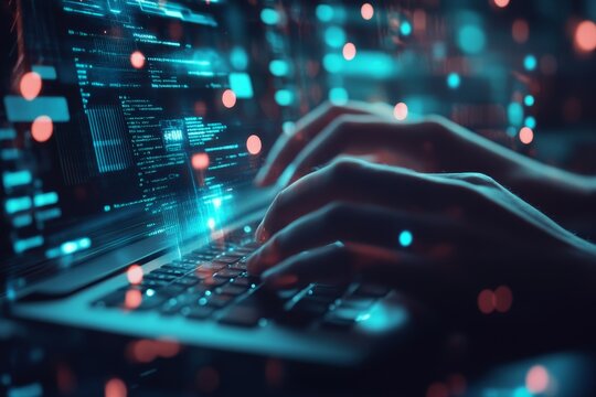 Close-up of hands typing on a laptop keyboard with glowing blue code on the screen.