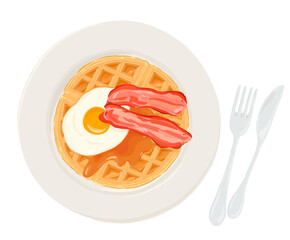 Waffle with bacon and fried egg on plate. Hand drawn vector illustration.	 Top view.
