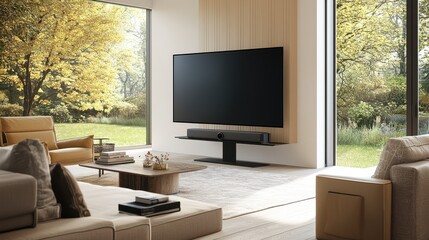 Fototapeta premium Modern Living Room Interior Design with Large TV and Soundbar