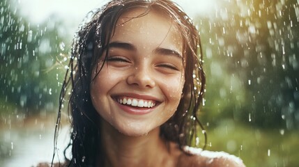 Obraz premium Happy woman enjoys rain outside.