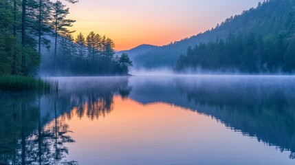 Fototapeta premium Misty Sunrise Over a Tranquil Lake Surrounded by Silhouetted Trees