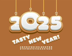 Vector sweet Greeting Card Tasty New Year 2025! Funny Kids Font. Gingerbread style Alphabet Letters and Numbers set