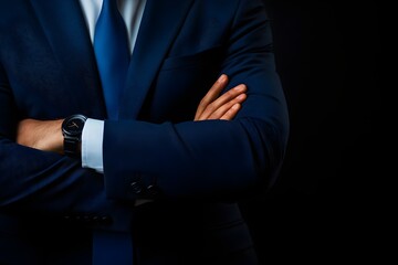 Obraz premium A professional man in a suit stands with arms crossed against a dark background, conveying confidence and authority.