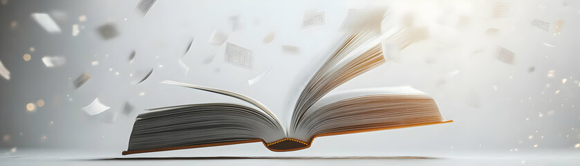 Levitating Policy Book with Key Pages Flying Out - Highlights Important Points in a Dynamic Wide Shot on White Background