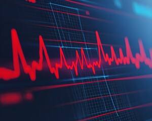 Fototapeta premium A digital representation of a health monitor displaying a red ECG waveform on a dark background, symbolizing heart activity and health monitoring.