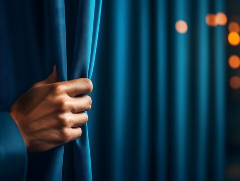 A hand gently pulls back blue curtains, revealing soft lighting and a sense of anticipation, creating an intimate atmosphere.