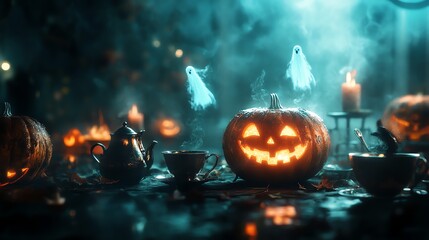 Fototapeta premium Haunted Halloween tea time, glowing pumpkins, eerie mist, haunted tea parties, ghostly figures, dark and mysterious ambiance, high detail, photorealistic, 4k quality