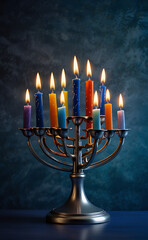Fototapeta premium A vibrant Hanukkah menorah with all candles lit, against a blue and silver backdrop, celebrating the Festival of Lights with a serene and festive mobile wallpaper design