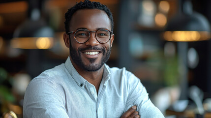 Obraz premium Smiling man wearing glasses, looking at camera.