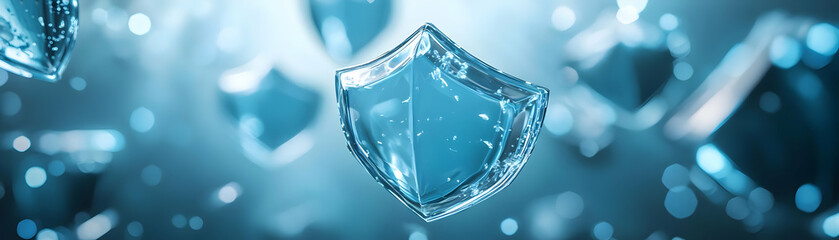 Floating Integrity Shields on Light Blue Backdrop: Wide Shot for Election Security Messaging in Photo Stock Concept