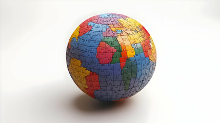 3D Levitating Policy Puzzle Globe Concept - Interlocking Puzzle Pieces Rotating on White Background, Revealing Global Policy Areas