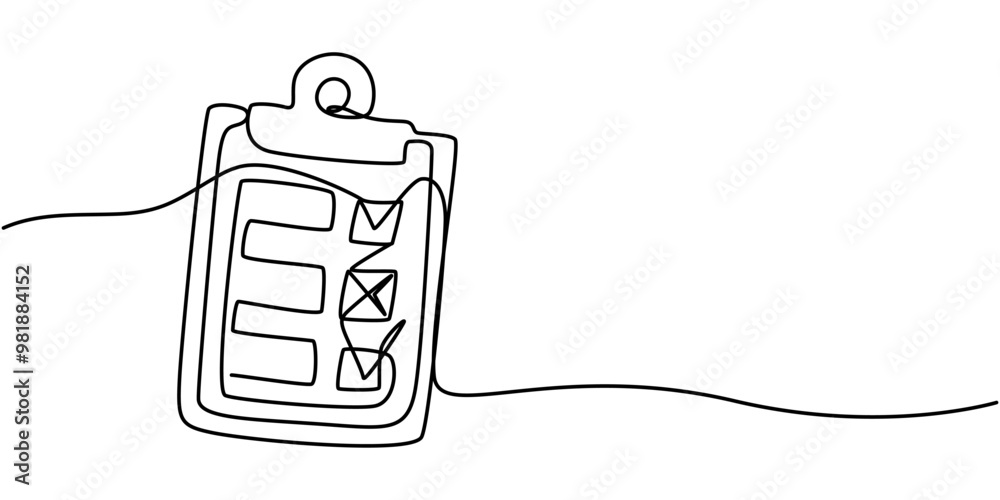 Poster clipboard with checklist and pen in one continuous line drawing. to do list with ticks and concept f
