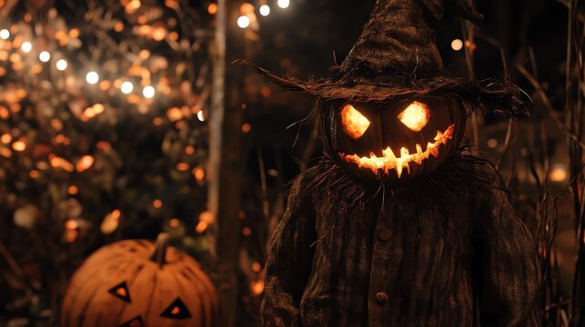 Gothic Halloween scarecrow scare, glowing pumpkins, spooky farm decorations, eerie and rustic ambiance