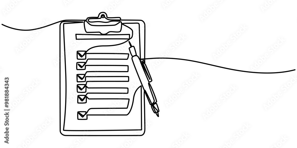 Poster clipboard with checklist and pen in one continuous line drawing. to do list with ticks and concept f
