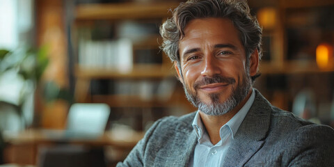 Obraz premium A man with graying hair smiles warmly at the camera.