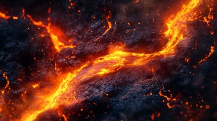 Molten Lava Flowing Across Dark Volcanic Rock