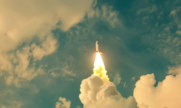 roket on clouds and sky background