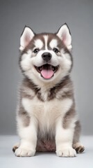 Joyful Husky Puppy: A charming husky puppy with a delightful expression and striking coat is sitting with joy, his pink tongue showing, ready to give affection. 